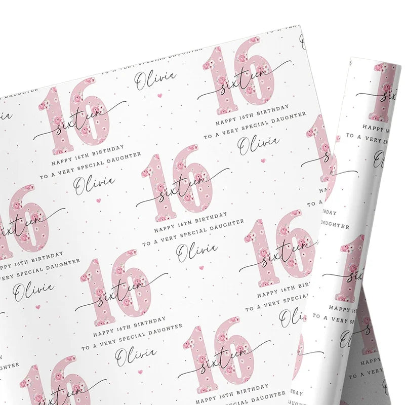 Wholesale Personalized Baby Girl 1st Birthday Wrapping Paper, Custom Print Pink Floral Gift Wrap Sheet for First Birthday Party