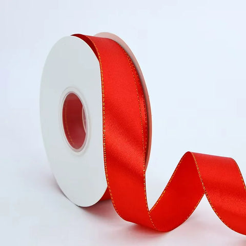 High Quality Polyester Satin Ribbon Gold Edge Floral Design for Wedding Birthday Flower Cake Gift Packaging Christmas
