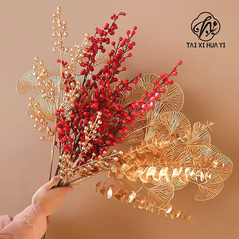 Golden Eucalyptus Ginkgo Gold Leaf Simulation Flower Hug Bucket Festive Christmas Wedding Graduation Decoration