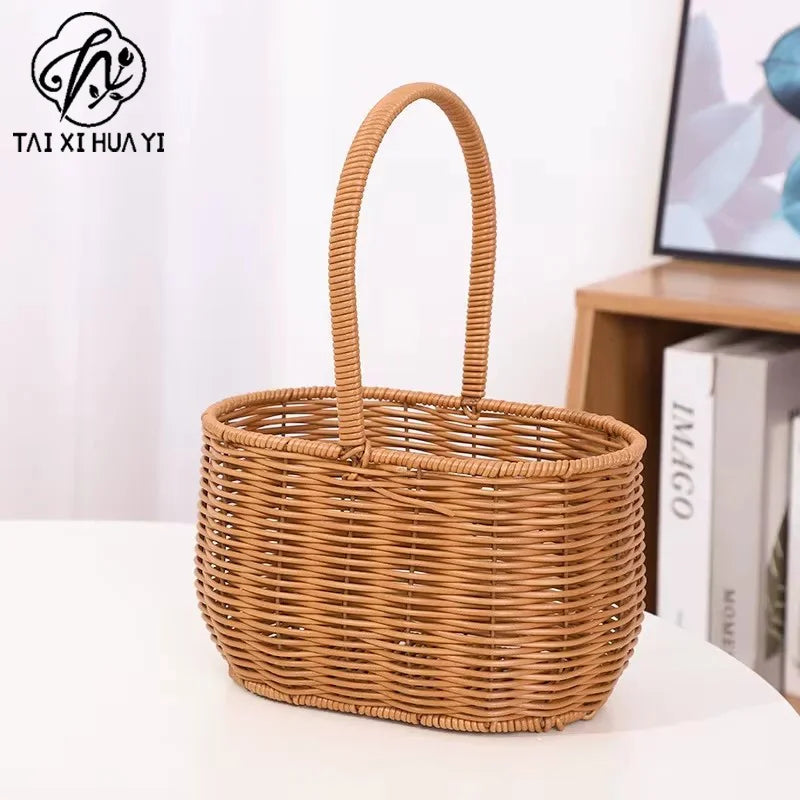 Plastic Wicker Picnic Basket with Handle for Home Outdoor Use Hand-Woven Straw Flower Basket for Gifts