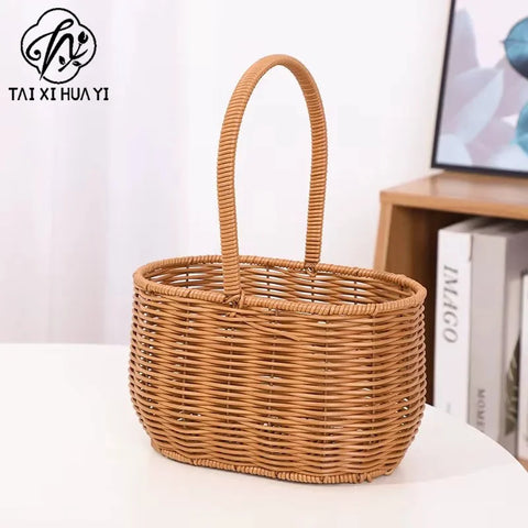 Plastic Wicker Picnic Basket with Handle for Home Outdoor Use Hand-Woven Straw Flower Basket for Gifts