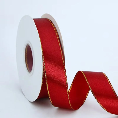 High Quality Polyester Satin Ribbon Gold Edge Floral Design for Wedding Birthday Flower Cake Gift Packaging Christmas