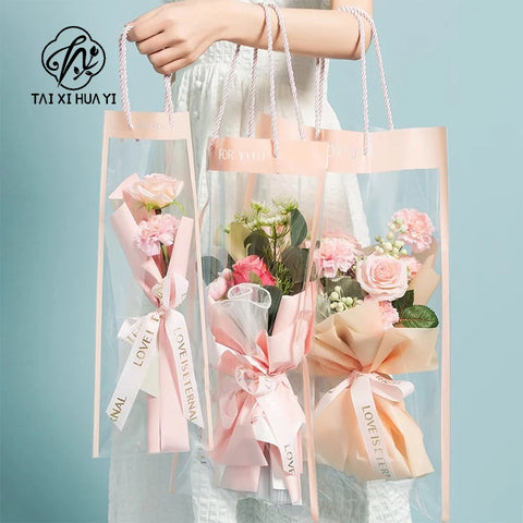 Internet Celebrity Transparent Flower Bag PE Coating Mother's Day Bouquet Tote Flower Shop Supply Perfect Accompanying Gift Bag