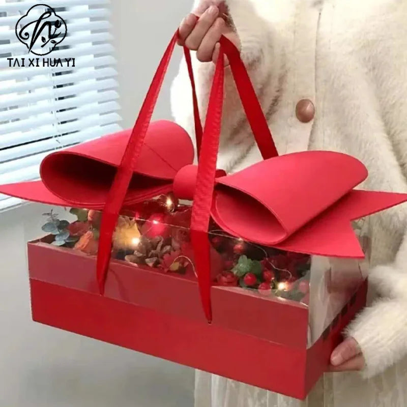 Eco-Friendly Recyclable Kraft Paper Flat Fruit and Flower Gift Box with Bow Valentine's Day Rose Box Handheld Flower Cake Box