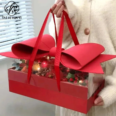 Eco-Friendly Recyclable Kraft Paper Flat Fruit and Flower Gift Box with Bow Valentine's Day Rose Box Handheld Flower Cake Box