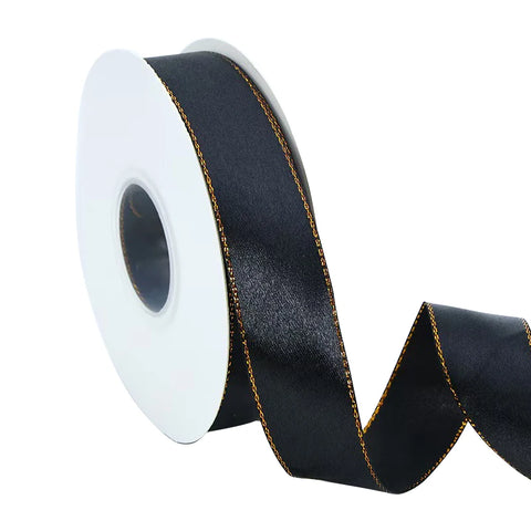 High Quality Polyester Satin Ribbon Gold Edge Floral Design for Wedding Birthday Flower Cake Gift Packaging Christmas