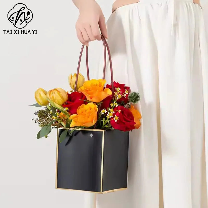 Portable Square Flower Gift Carrier Bags Art Paper Bouquet Wrapping Floral Bag for Arrangements Kraft Paper for Easy Storage