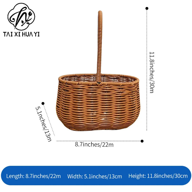 Plastic Wicker Picnic Basket with Handle for Home Outdoor Use Hand-Woven Straw Flower Basket for Gifts