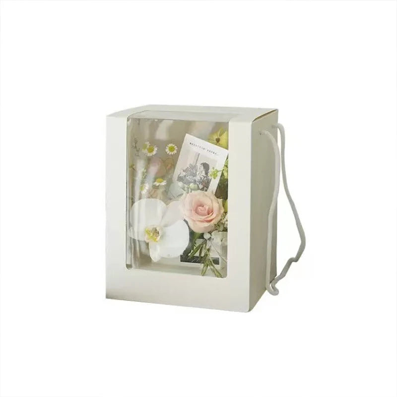 Clear Window Folding Gift Box with Flower Handle Festive Party Decor for Mother's Day Birthday Valentine's Day รูปสินค้ารอง