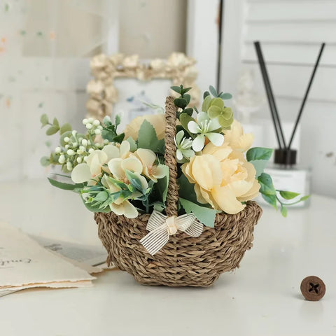 Handwoven Eco-friendly Peony Eucalyptus Flower Basket Small Bonsai Storage Ornament Home Decorative Craft