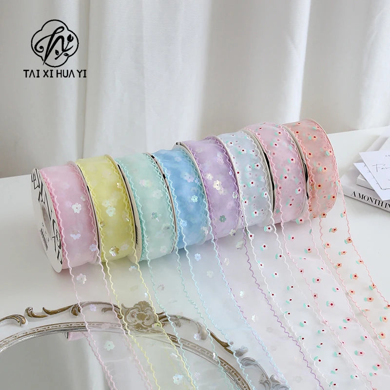 Single-Sided Satin Ribbon Roll 4 cm 1.5 Inch Sequin Small Flower Hook Edge DIY for Wedding Christmas Gift Packaging Secondary image