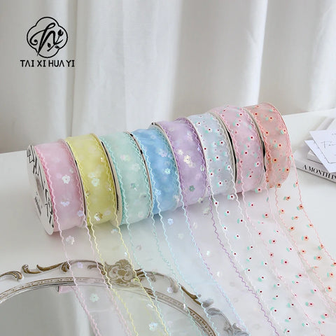 Single-Sided Satin Ribbon Roll 4 cm 1.5 Inch Sequin Small Flower Hook Edge DIY for Wedding Christmas Gift Packaging