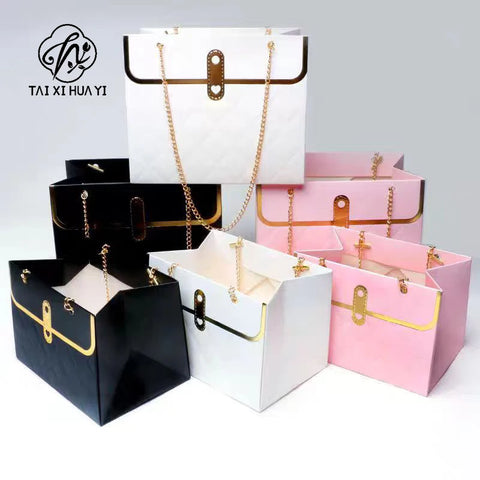 Flower Bag Metal Chain Bouquet Storage Bucket Paper Handbag Gift Box for Wedding Birthday Party Packaging Basket Gift Box