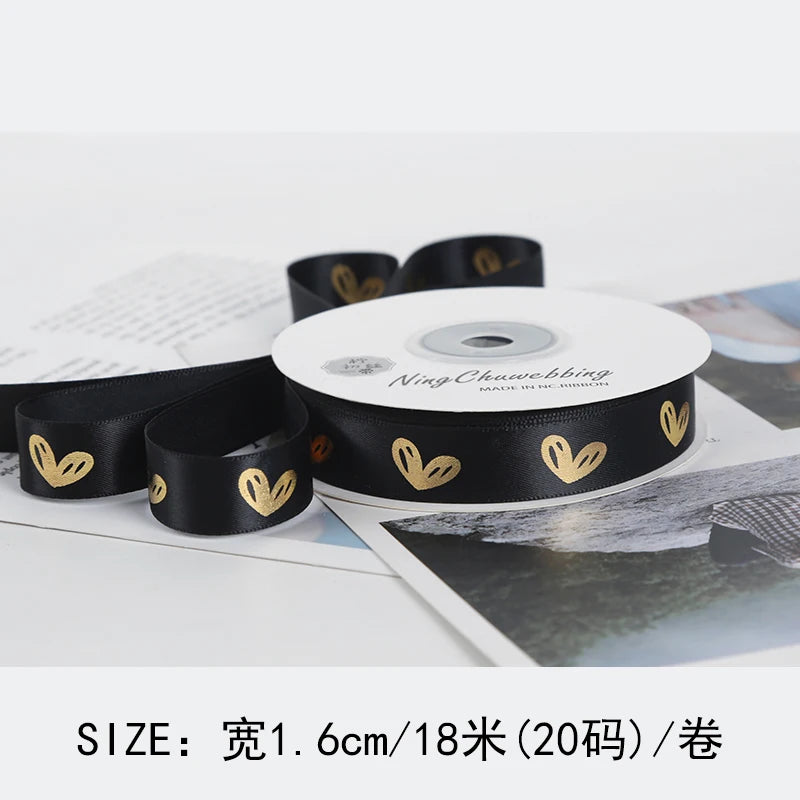 Gold Foil Heart Satin Ribbon Roll DIY Polyester Valentine's Day Christmas Gift Decoration Baking Flower Packaging