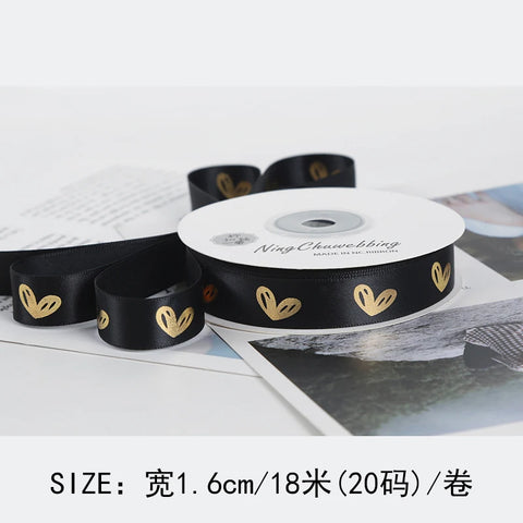 Gold Foil Heart Satin Ribbon Roll DIY Polyester Valentine's Day Christmas Gift Decoration Baking Flower Packaging