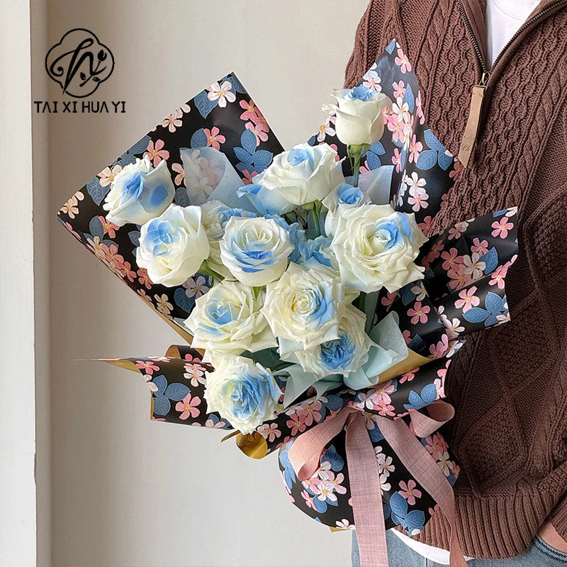 58*58cm Colorful Flower Design Waterproof Wrapping Paper Golden Package Bouquet Packaging Supplies รูปสินค้าหลัก