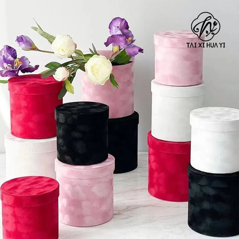 Factory Direct Sales Modern Luxury Wedding Gift Box Cylinder Velvet Flower Bucket Three-Piece Hug Bucket Cardboard + Velvet