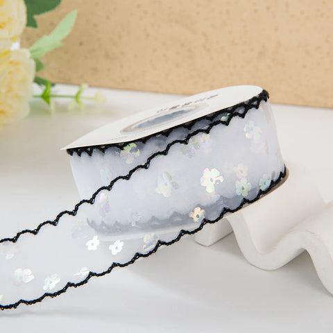 Single-Sided Satin Ribbon Roll 4 cm 1.5 Inch Sequin Small Flower Hook Edge DIY for Wedding Christmas Gift Packaging