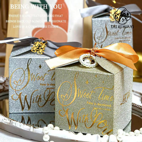 Custom Logo Gold Wedding Ribbon Favors Square Shape Recyclable Paperboard Folders for Guests