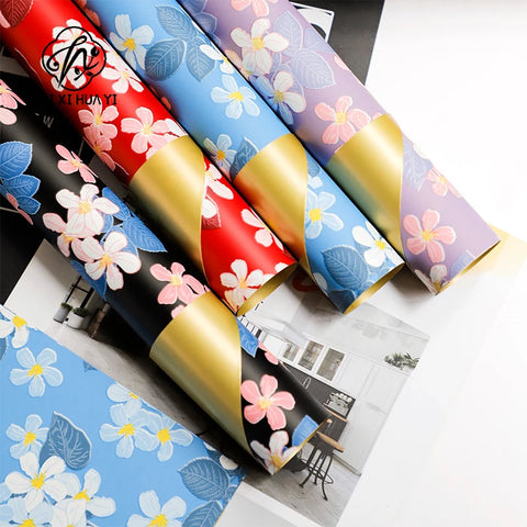 58*58cm Colorful Flower Design Waterproof Wrapping Paper Golden Package Bouquet Packaging Supplies