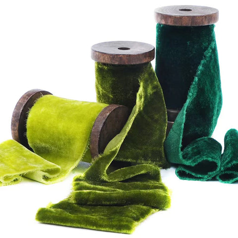 Handmade Custom Green Velvet Silk Ribbon with Fray Edge Luxury Raw Edge for Christmas and Wedding Occasions