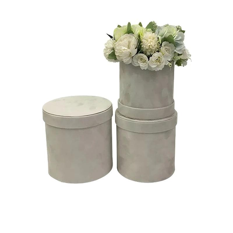 Set of 3 Velvet Round Cylinder Rigid Boxes Floral Shop Supplies for Fresh Flowers Bouquet Packaging Holiday Gift รูปสินค้าหลัก