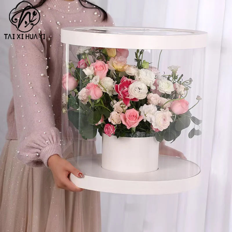 Portable Transparent Cylinder Flower Packaging Box Handle for Valentine's Day Embossed Matt Lamination Rigid Boxes for Bouquet