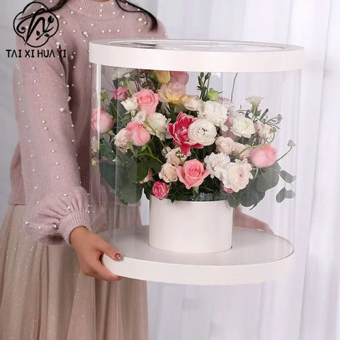 Portable Transparent Cylinder Flower Packaging Box Handle for Valentine's Day Embossed Matt Lamination Rigid Boxes for Bouquet
