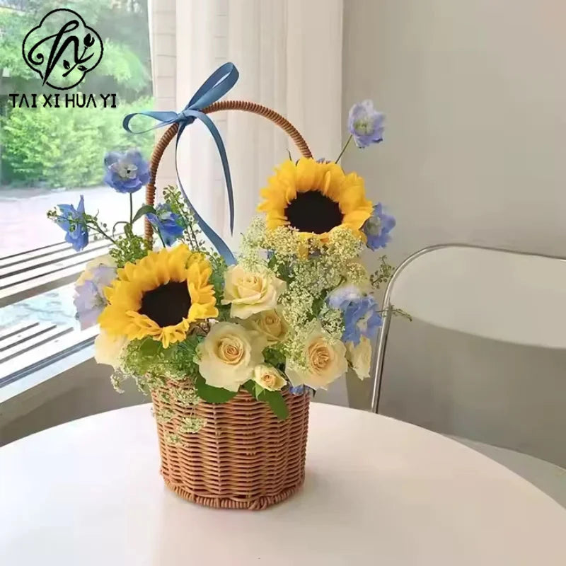 Portable Outdoor Picnic Basket Home Decorative Storage Woven Flower Pot Hand-Held Rattan Wicker Accompanying Floral Gift Basket