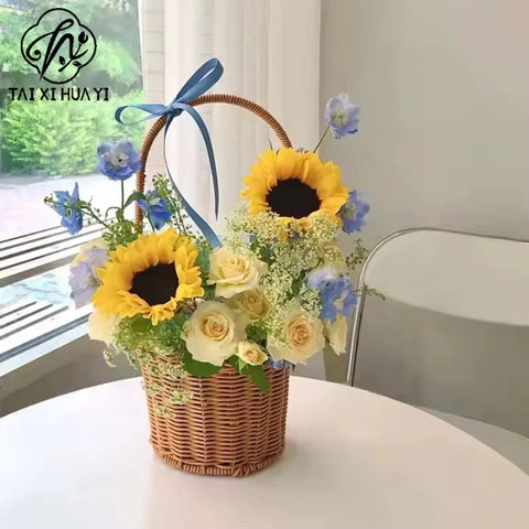 Portable Outdoor Picnic Basket Home Decorative Storage Woven Flower Pot Hand-Held Rattan Wicker Accompanying Floral Gift Basket