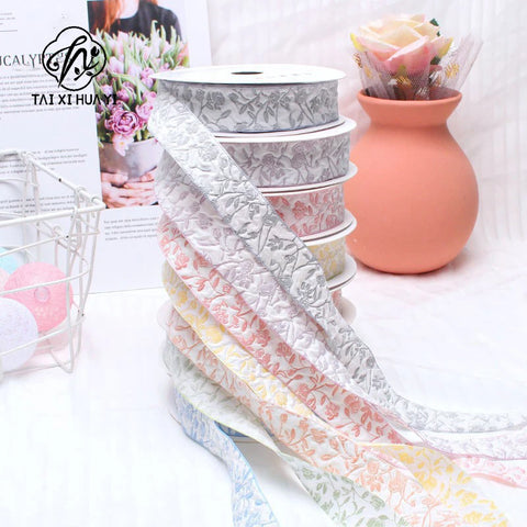 Embossed Rose Rosette Ribbon Bouquet Packaging Material for Birthday Halloween Wedding Christmas Flower