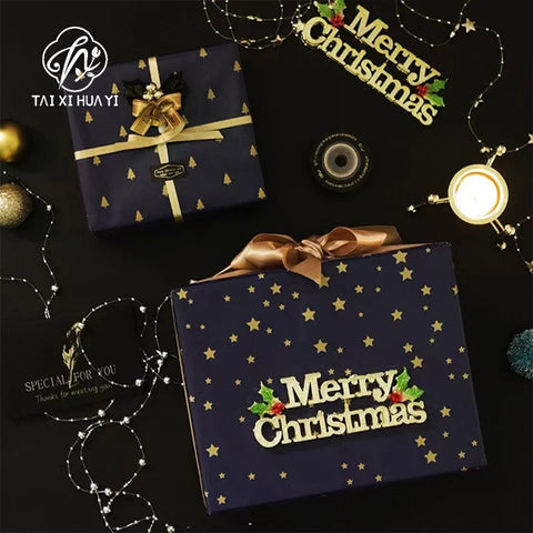 Dark Blue Eco-Friendly Paper Christmas Gift Wrapping UV Coating Offset Printing for Holiday Decorations Gift Set