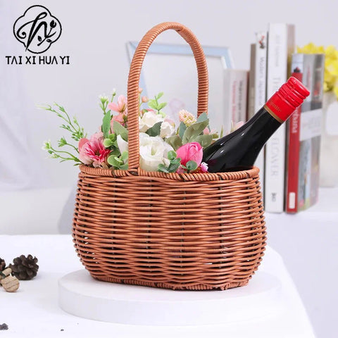 Plastic Wicker Picnic Basket with Handle for Home Outdoor Use Hand-Woven Straw Flower Basket for Gifts