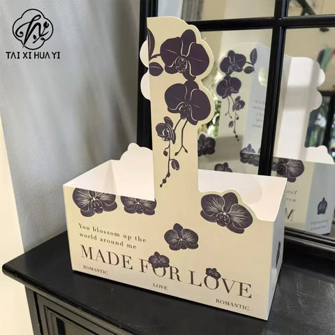 Elegant Floral Pattern Plastic Hand-Held Folder Box Creative Packaging for Coffee Milk Tea Cups