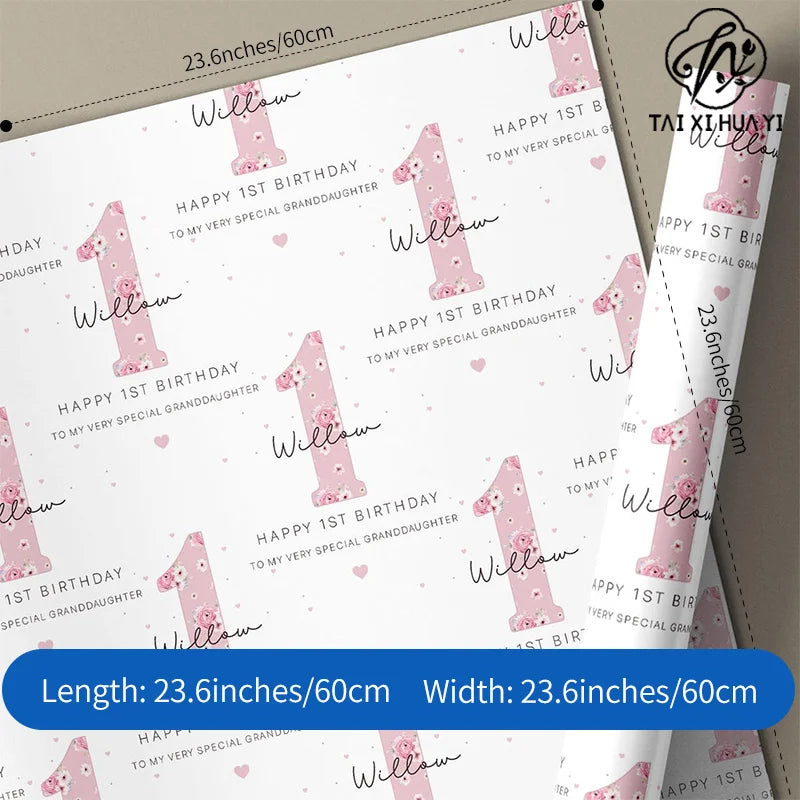 Wholesale Personalized Baby Girl 1st Birthday Wrapping Paper, Custom Print Pink Floral Gift Wrap Sheet for First Birthday Party