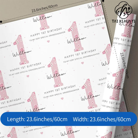 Wholesale Personalized Baby Girl 1st Birthday Wrapping Paper, Custom Print Pink Floral Gift Wrap Sheet for First Birthday Party