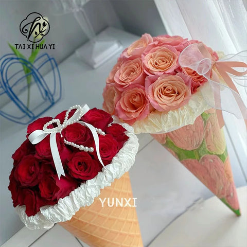 Unique Ice Cream Cone Shape Flower Wrapping Paper Thick Cardboard Gift Paper for Bouquet Packaging Gravure Printing Compatible