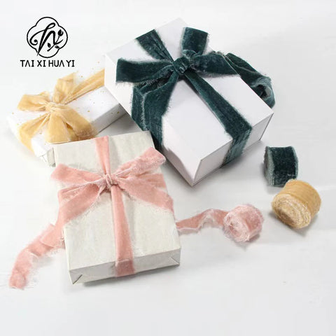Handmade Custom Green Velvet Silk Ribbon with Fray Edge Luxury Raw Edge for Christmas and Wedding Occasions