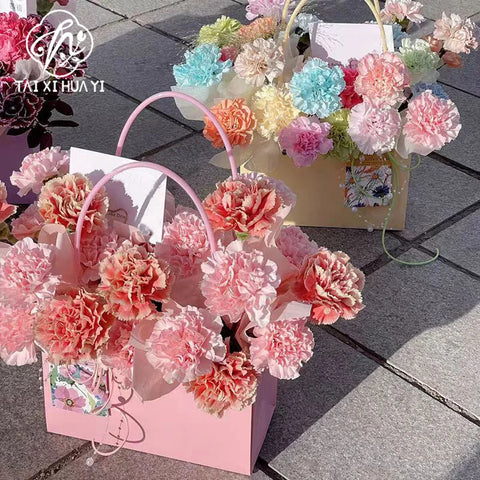 Waterproof Rectangular Flower Box Small Paper Bag with Handle Candy Color Bouquet Packaging Gift Box Tote Box for Flowers Candy