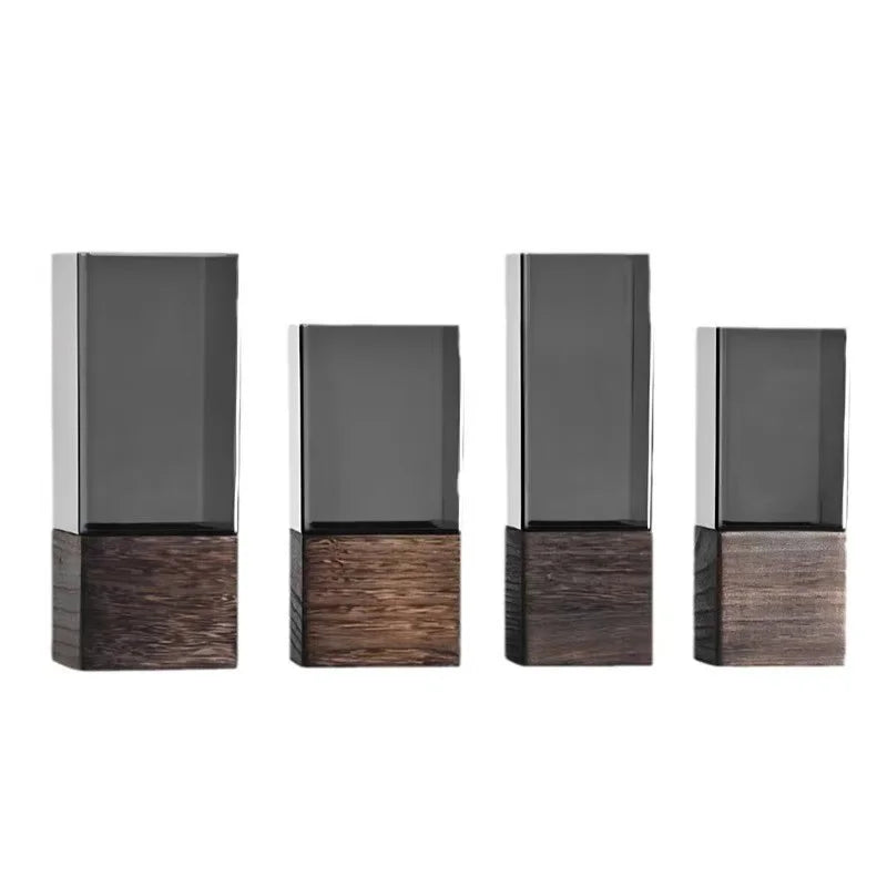 Light Luxury Modern Sleek Square Hydroponic Acrylic Vase with Wooden Sleeve Stand for Gift & Craft Packaging