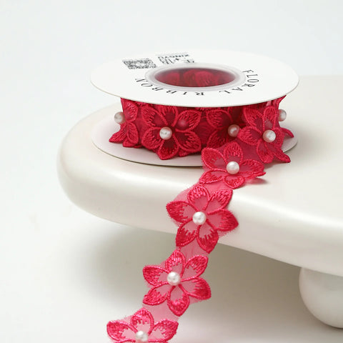 3.5cm Luxury Satin Embroidered Small Flower Bouquet Ribbon for Valentine's Day & Wedding Packaging Biodegradable