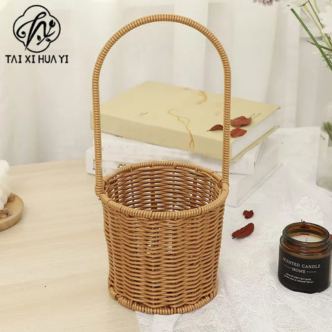 Portable Outdoor Picnic Basket Home Decorative Storage Woven Flower Pot Hand-Held Rattan Wicker Accompanying Floral Gift Basket