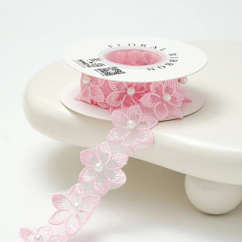 3.5cm Luxury Satin Embroidered Small Flower Bouquet Ribbon for Valentine's Day & Wedding Packaging Biodegradable
