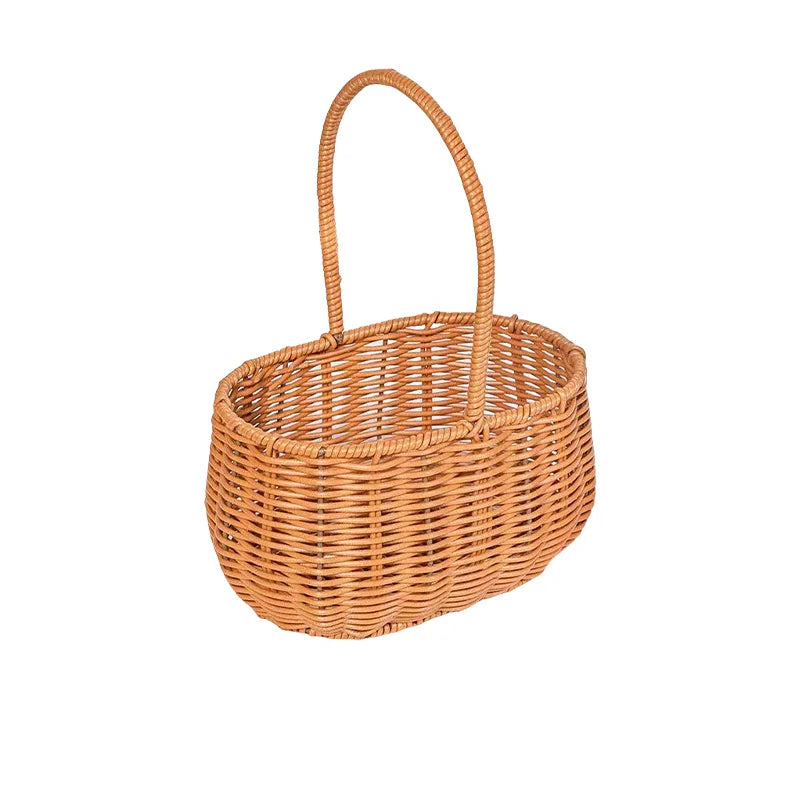 Plastic Wicker Picnic Basket with Handle for Home Outdoor Use Hand-Woven Straw Flower Basket for Gifts รูปสินค้าหลัก