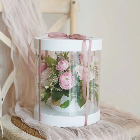 Portable Transparent Cylinder Flower Packaging Box Handle for Valentine's Day Embossed Matt Lamination Rigid Boxes for Bouquet