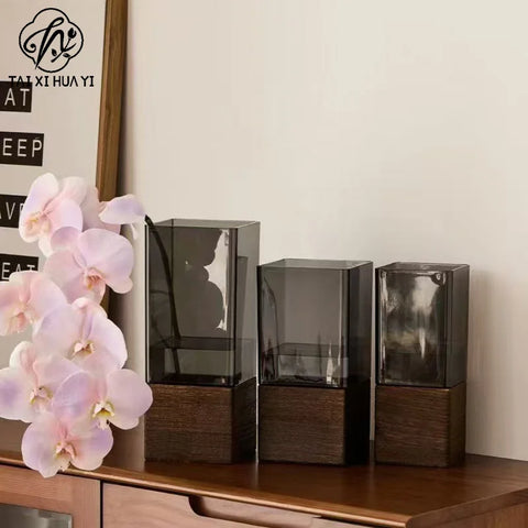 Light Luxury Modern Sleek Square Hydroponic Acrylic Vase with Wooden Sleeve Stand for Gift & Craft Packaging