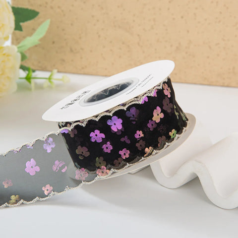 Single-Sided Satin Ribbon Roll 4 cm 1.5 Inch Sequin Small Flower Hook Edge DIY for Wedding Christmas Gift Packaging