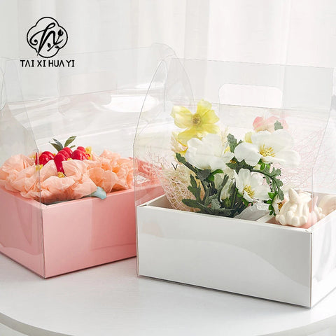 Transparent Handheld Rigid Cake Gift Box Red Qixi Design Valentine's Day Coated Paper Fruit Flower Recycled Materials Ribbon