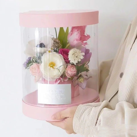 Portable Transparent Cylinder Flower Packaging Box Handle for Valentine's Day Embossed Matt Lamination Rigid Boxes for Bouquet