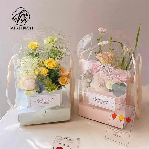 Creative Portable PVC Flower Box Transparent Square Shaped Gift Box with Embossing Printing for Parties